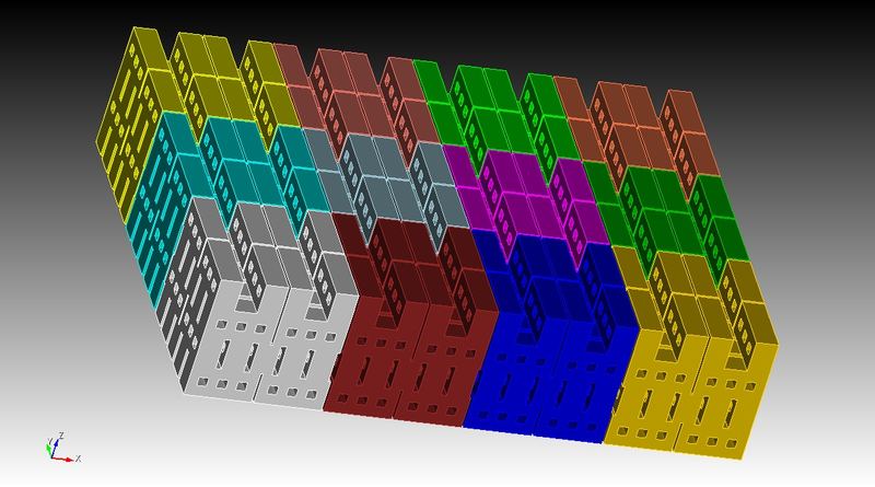 Coloured 3D model of stacked brick batches
