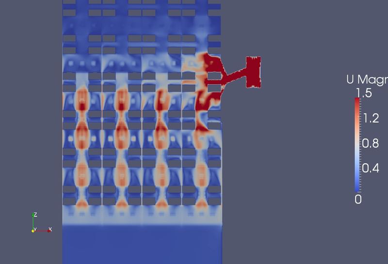CFD plot showing airflow through rows of brick holes