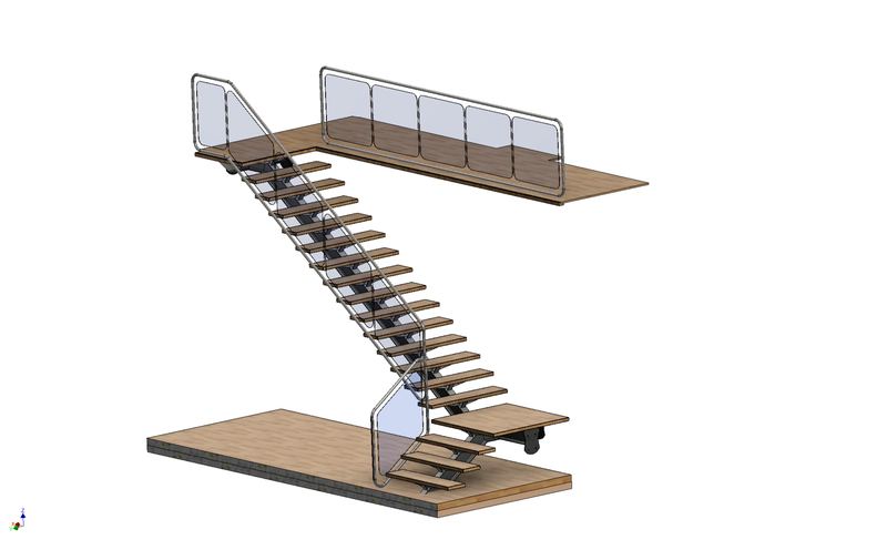 3D render of a floating timber staircase with glass balustrade