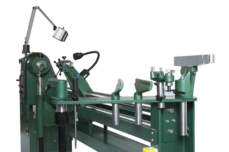 Green woodturning lathe on a long bed